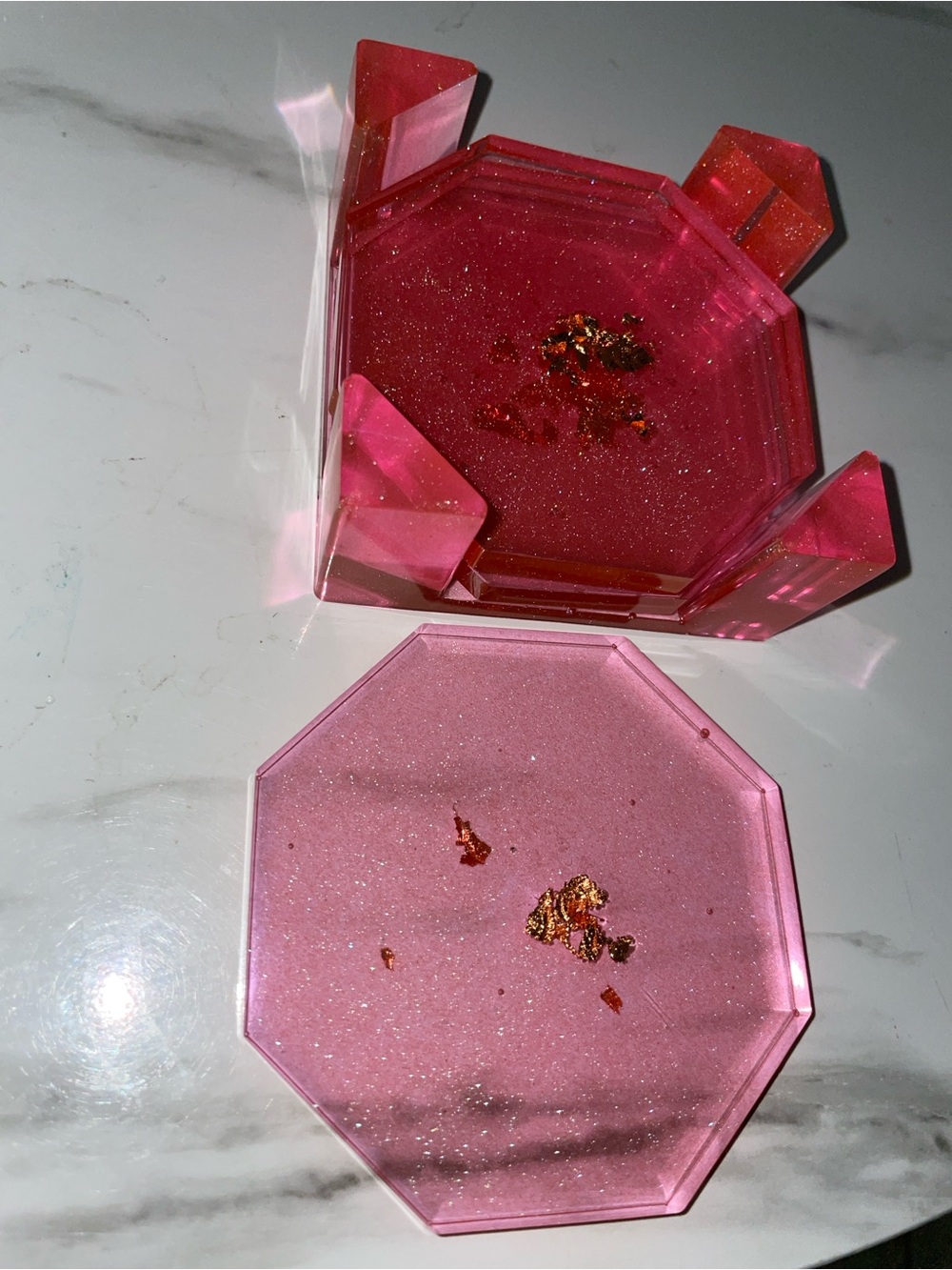 Pink Glitter Resin Gold Leaf Coaster Set of 3 Sparkly Home Decor